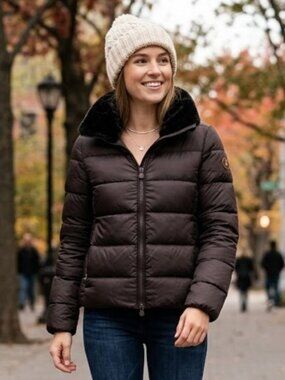 Save The Duck Black Faux Fur Collar Puffer Jacket Womens Small